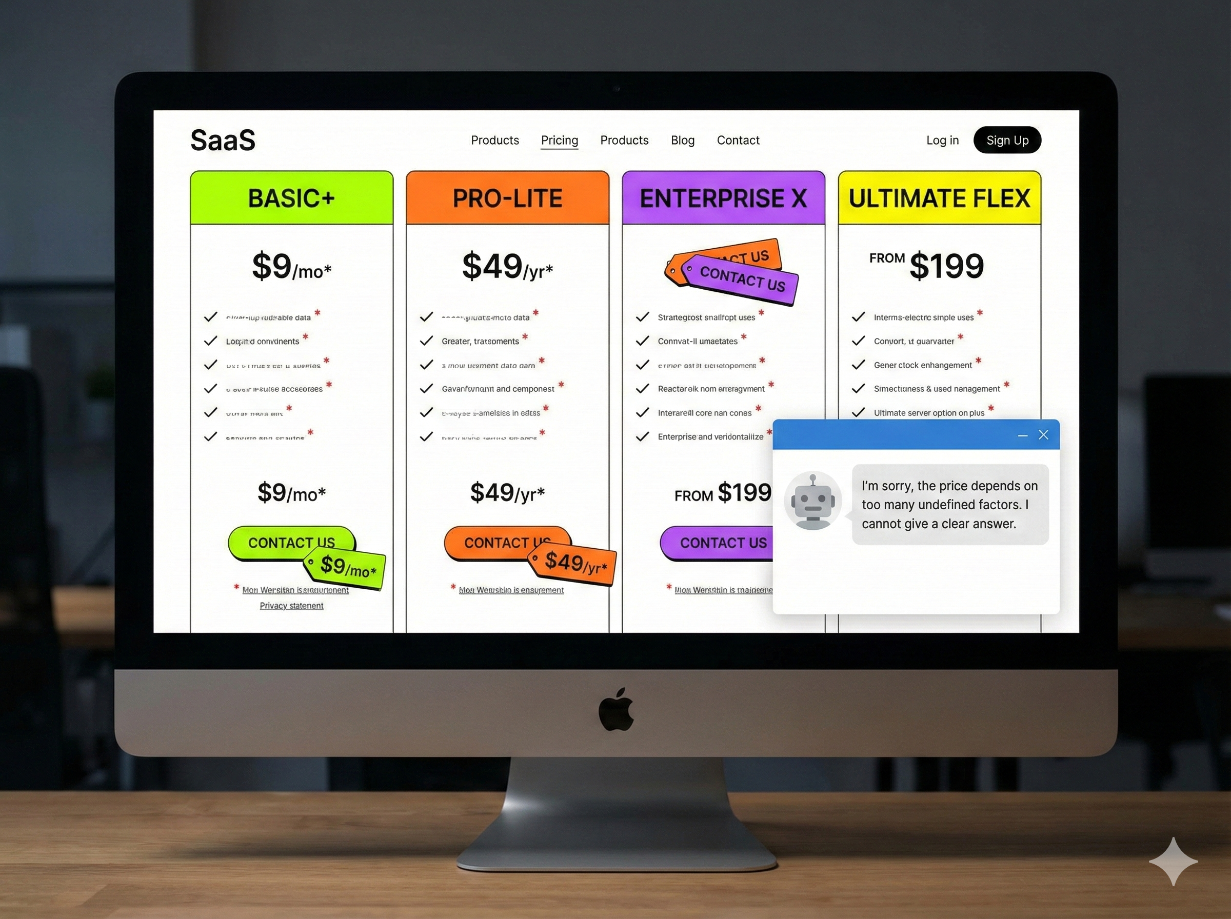 Example of bad UX design for pricing page on website, causing AI chatbot to fail to give clear answer about pricing