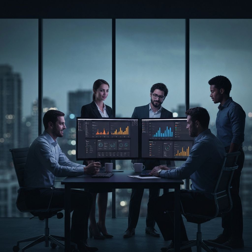 Profesionální business tým pracující s daty v moderní kanceláři